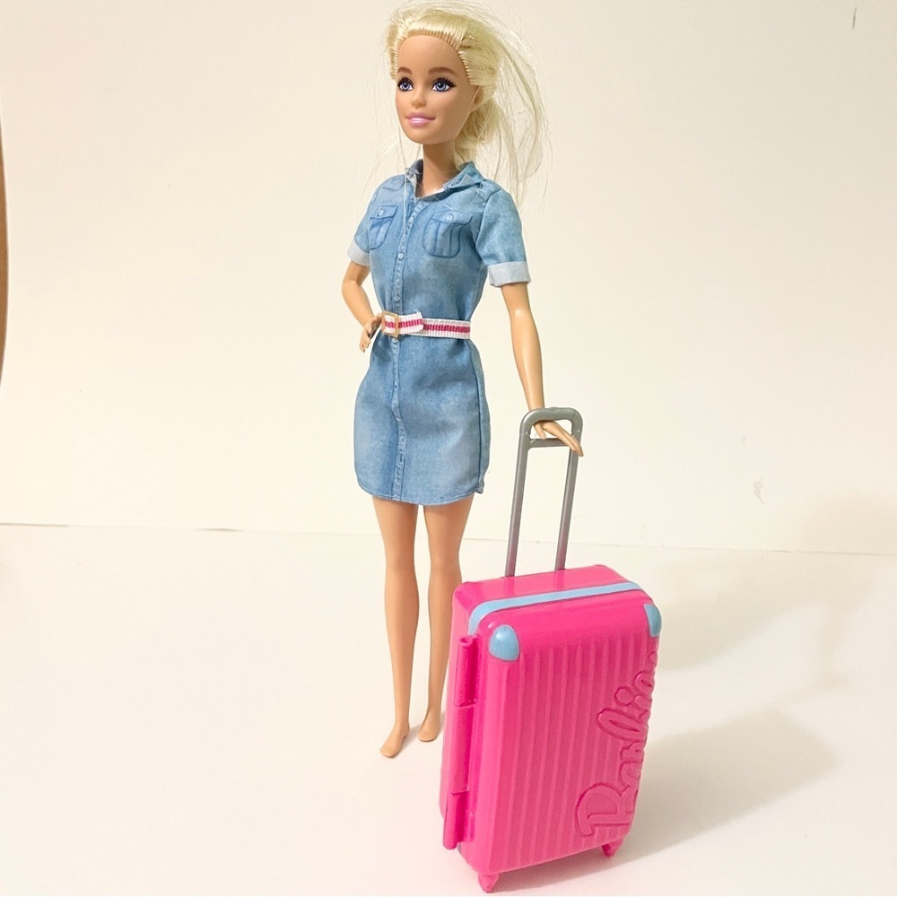 Mattel Barbie Doll Travel with Pink Rolling Suitcase & Denim Dress